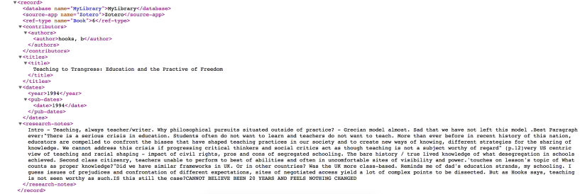 Lines of code from an .XML file, detailing a quote and some musings on bell hooks' comments on education 